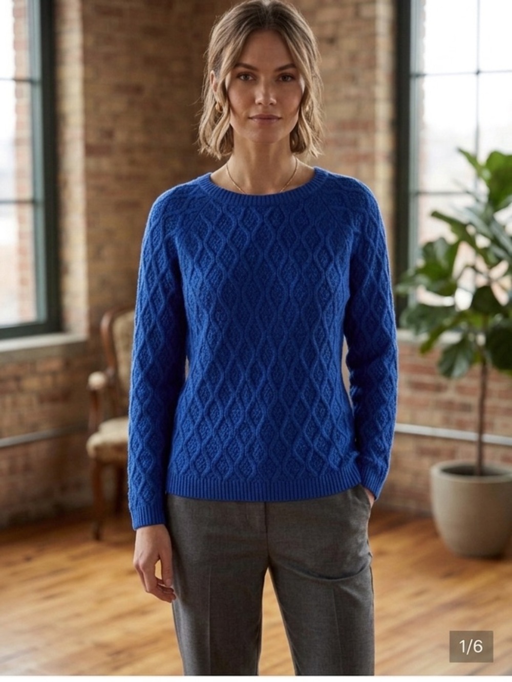 Verve Ami Womens Royal‎ Blue Diamond Cable Knit Back Zip Sweater Small